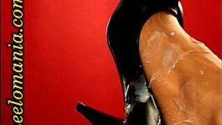 Massive cumshot on sexy high heel shoes and pantyhosed feet - porn video